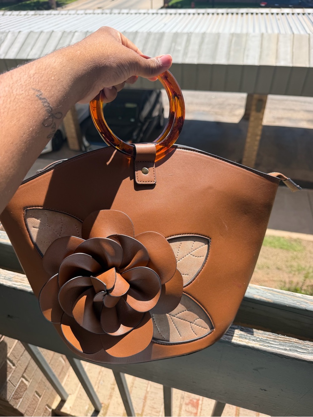 Women's Brown Floral Ring-Handle Tote Bag